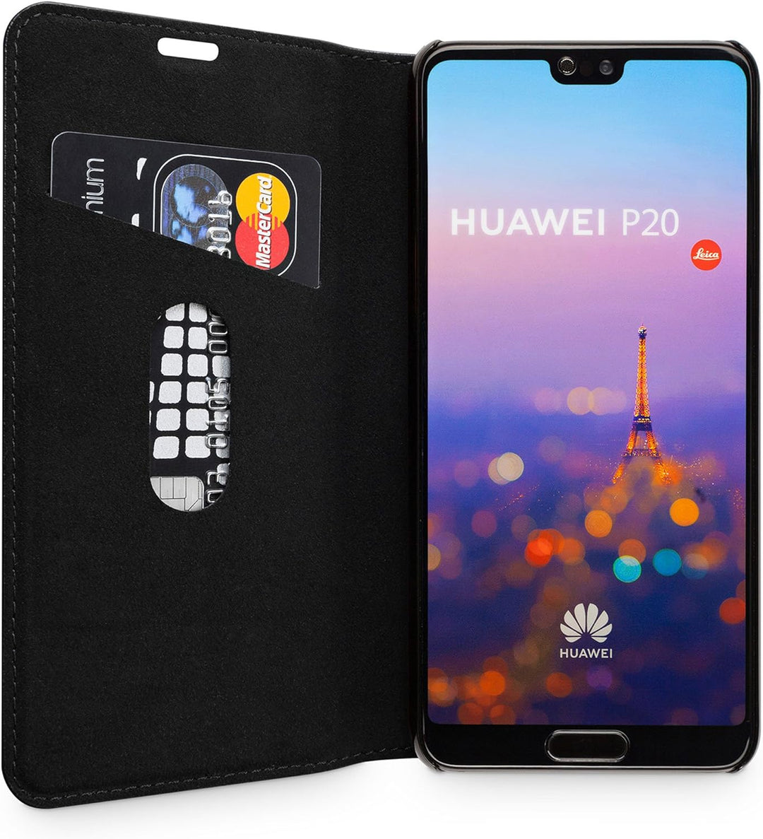 WIIUKA Echt Ledertasche -TRAVEL- für Huawei P20 mit Kartenfach, extra Dünn, Tasche Schwarz Premium D
