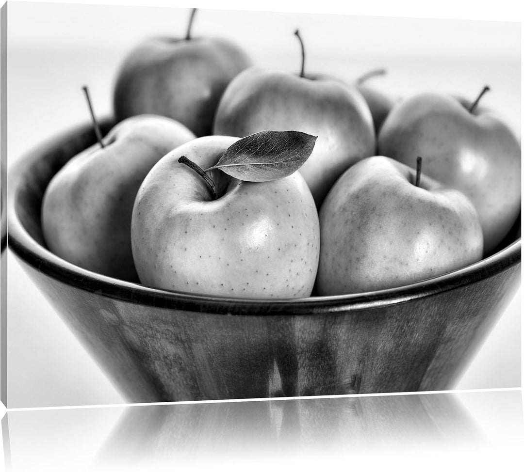 Pixxprint Monocrome, Apple Apfel Korb mit grünen Äpfeln, Format: 100x70 auf Leinwand, 100x70