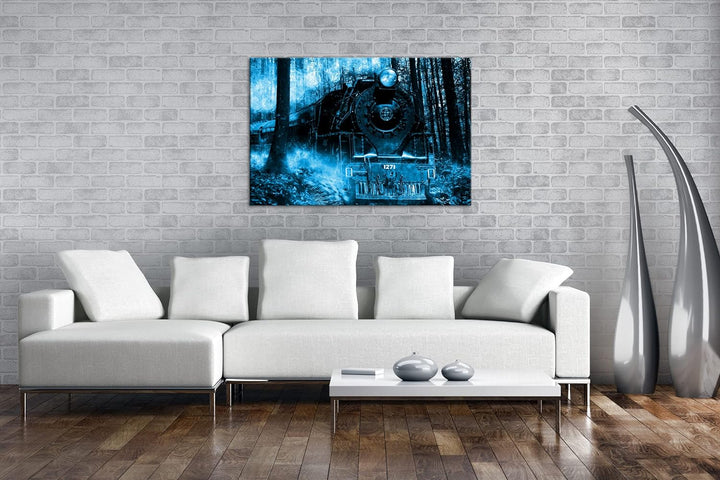 deyoli gewaltige Lokomotive im Wald Format 80x60 Effekt: Monocrome Blau als Leinwandbild, Motiv fert