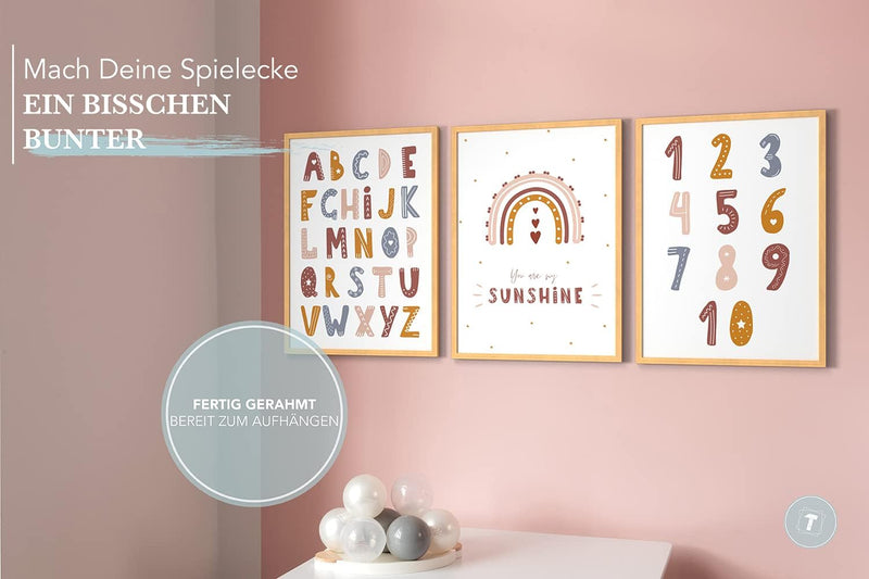 Papierschmiede® Kinderbilder 3er Set Lernposter, A3 gerahmt in Holzrahmen (Natur), Geschenk für Mädc