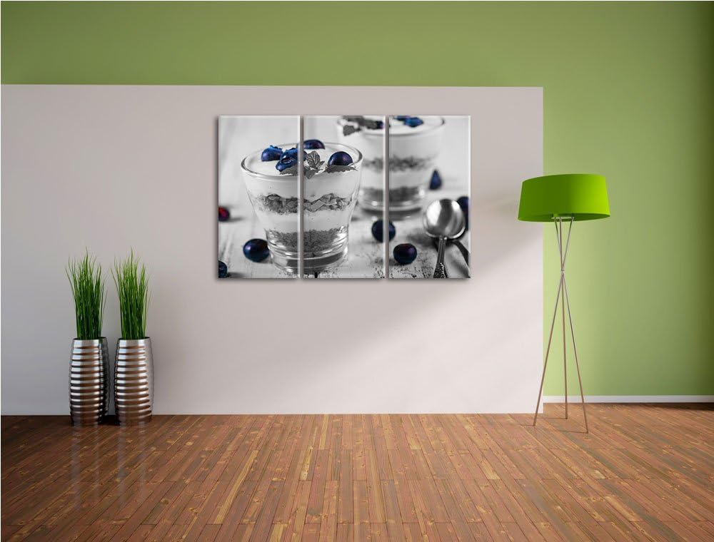 Blaubeerjoghurt mit Müsli schwarz/weiss 3-Teiler Leinwandbild 120x80 Bild auf Leinwand, XXL riesige