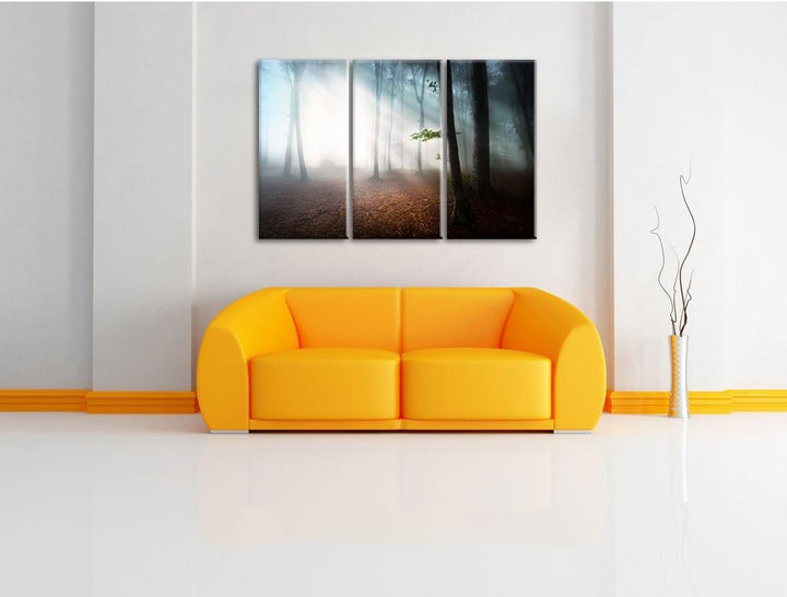 Pixxprint Düsterer Wald im Nebel als Leinwandbild/Grösse: 3 Teilig (120x80) cm/Wandbild/Kunstdruck/f