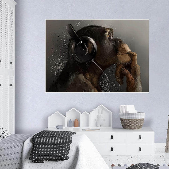 wandmotiv24 Poster als Wanddeko, Grösse Din A1, AFFE mit Kopfhörer, Headset, Musik, Tiere, Affen, Mo