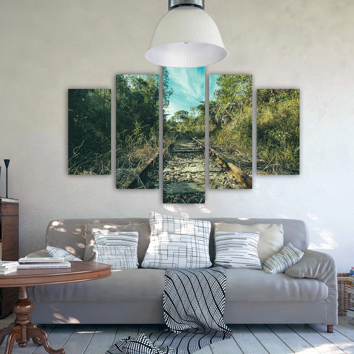 Feeby Wandbild XXL 5 Teilig Landschaft Leinwandbild Gleise Bäume Himmel bunt 300x140 cm Leinwandbild