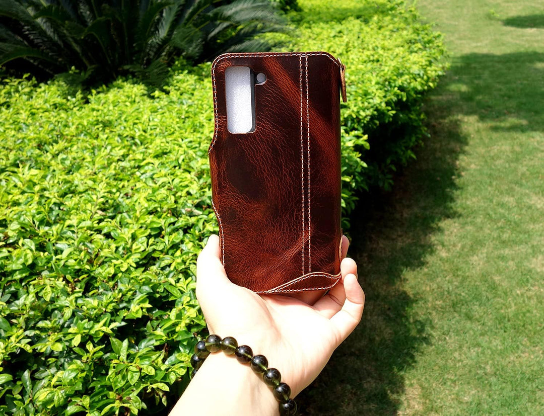 Yogurt Handyhülle für Samsung Galaxy S21 FE 5G, Hülle Echtleder Case Ledertasche Lederhülle für Sams