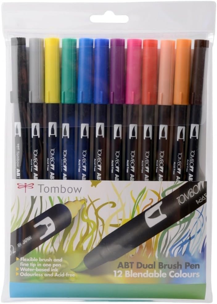Tombow ABT-12C-1 Fasermaler Dual Brush Pen mit zwei Spitzen, 12-er Set, primärfarben