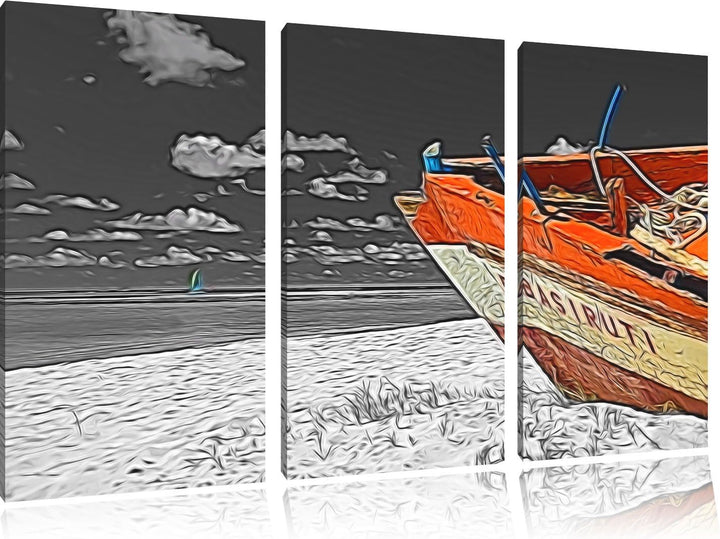 beeindruckendes Boot am Strand schwarz/weiss Deluxe 3-Teiler Leinwandbild 120x80 Bild auf Leinwand,