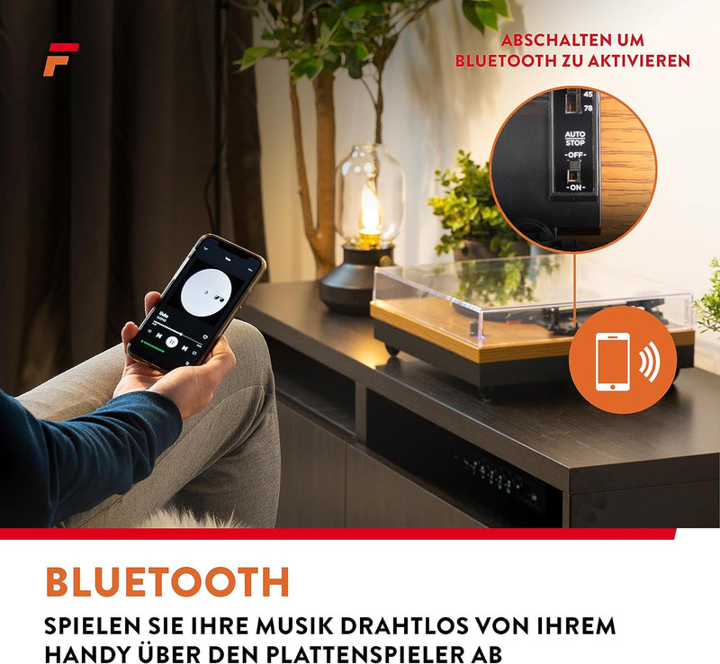 Fenton RP112L Plattenspieler Bluetooth, integrierten Lautsprechern, Auto-Stop, RCA, 3 Geschwindigkei