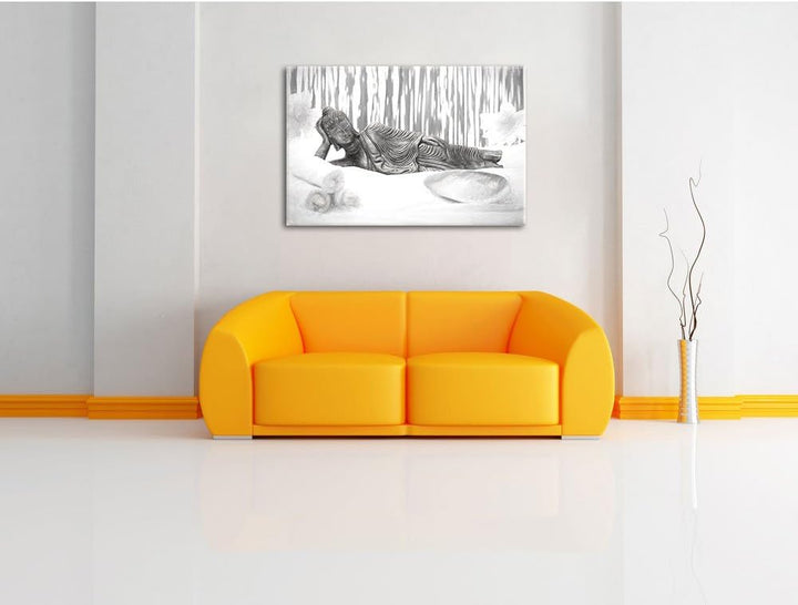 Pixxprint Goldener Buddha auf Handtuch Kunst Kohle Effekt, Format: 100x70 auf Leinwand, 100x70