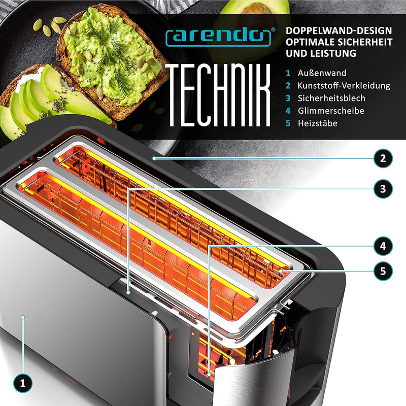 Arendo - Edelstahl Toaster Langschlitz 4 Scheiben - Touchpanel – Doppelwandgehäuse – 1500 W – Integr
