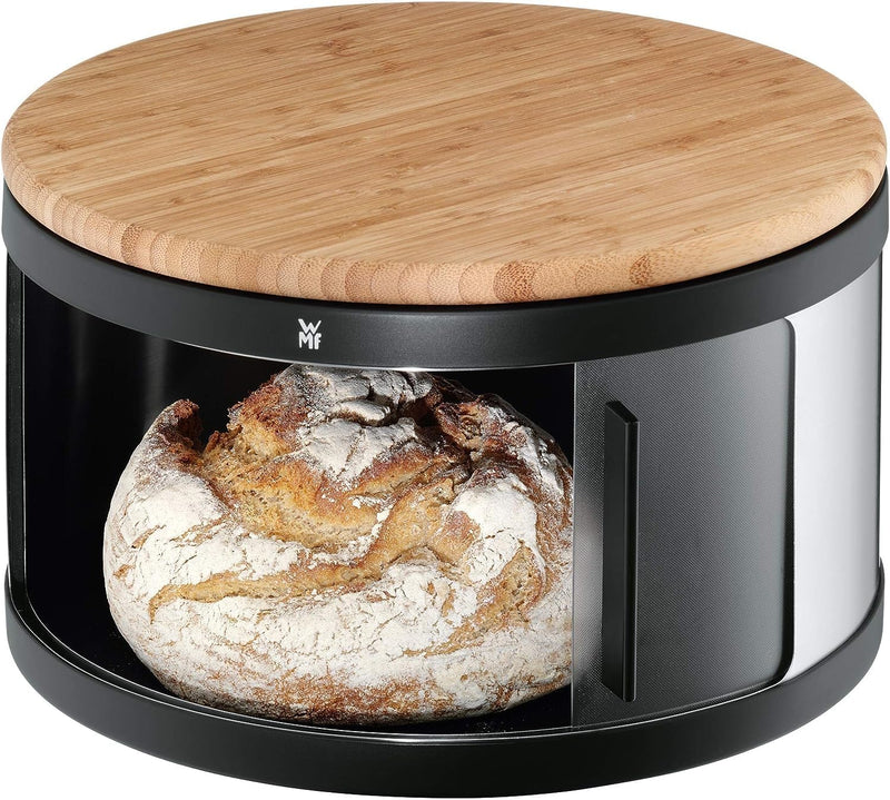 WMF Gourmet Brotkasten rund 32 x 13 cm, mit Schneidbrett, Brottrommel, Bambus, Cromargan Edelstahl,