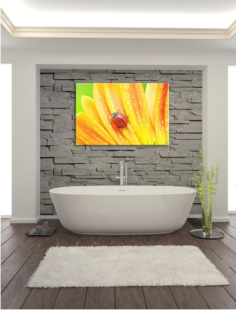 Pixxprint Marienkäfer auf gelber Blume Kunst Buntstift Effekt, Format: 100x70 auf Leinwand, XXL ries