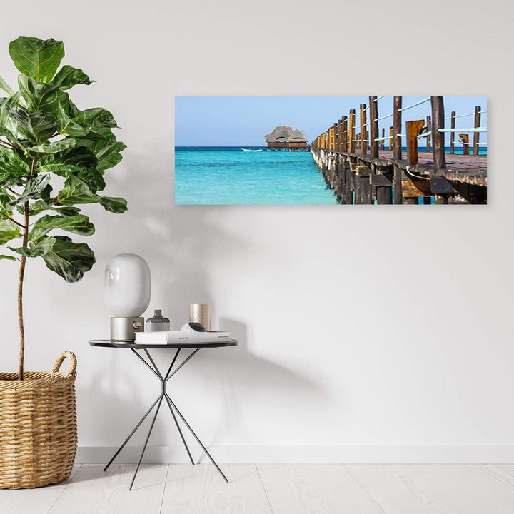 Wanddeko Sansibar Kunst modern Bilder Hafenmole Blau 140x45 cm Deko paneel 140x45 cm Blau_D, Deko pa