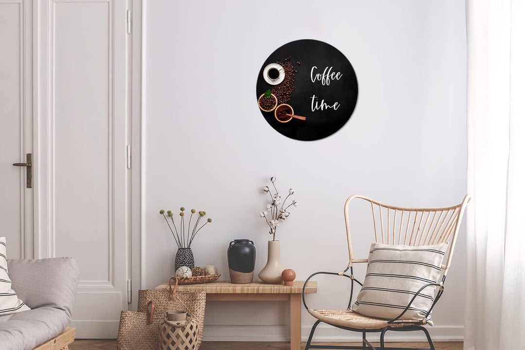 MuchoWow Wandbild Rund Wanddeko Deko Wohnzimmer Bilder 30x30 cm Zitate - Sprichwörter - Kaffeezeit,