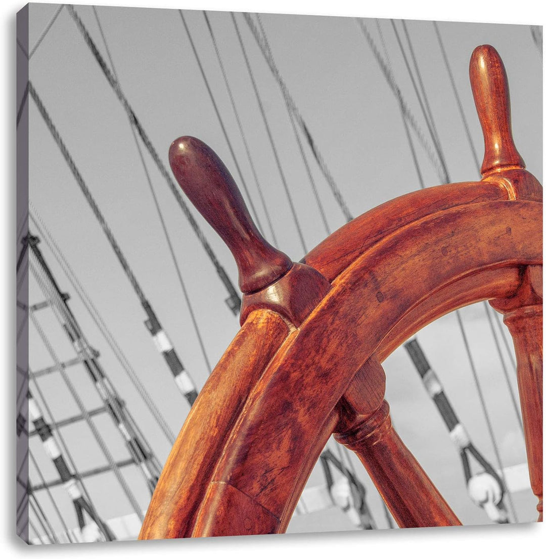 Pixxprint Steuerrad auf einem Schiff als Leinwandbild/Grösse: 70x70 cm/Wandbild/Kunstdruck/fertig be