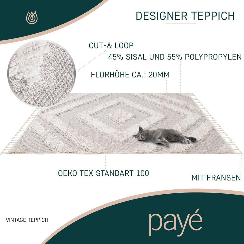 payé Teppich Wohnzimmer - 200x290cm - Creme - Raute - Hochtief Effekt - Fransen Deko Boho Flauschig