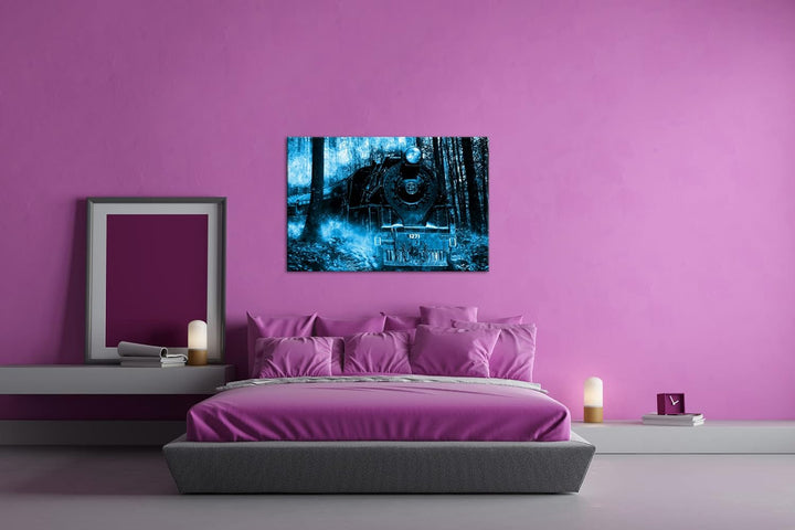 deyoli gewaltige Lokomotive im Wald Format 80x60 Effekt: Monocrome Blau als Leinwandbild, Motiv fert