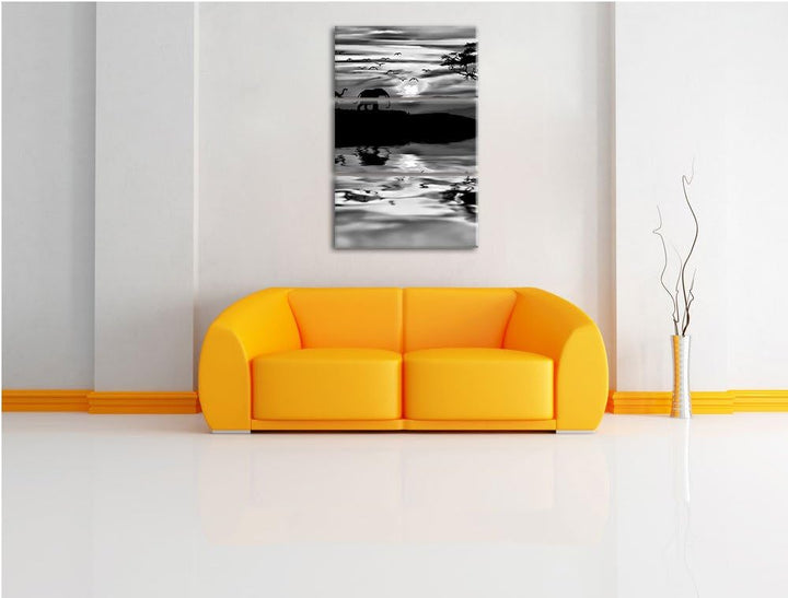 Pixxprint Elefanten in Afrikanischer Steppe als Leinwandbild/Grösse: 3 Teilig (120x80) cm/Wandbild/K