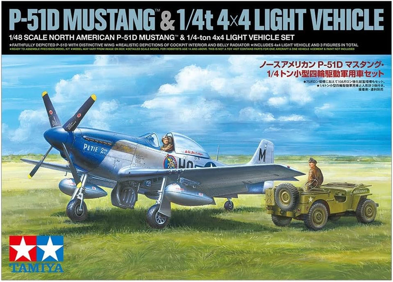 TAMIYA 25205 1:48 US P-51D Mustang & 4x4 Lt.Fahzg. - Modellbausatz,Plastikbausatz, Bausatz zum Zusam