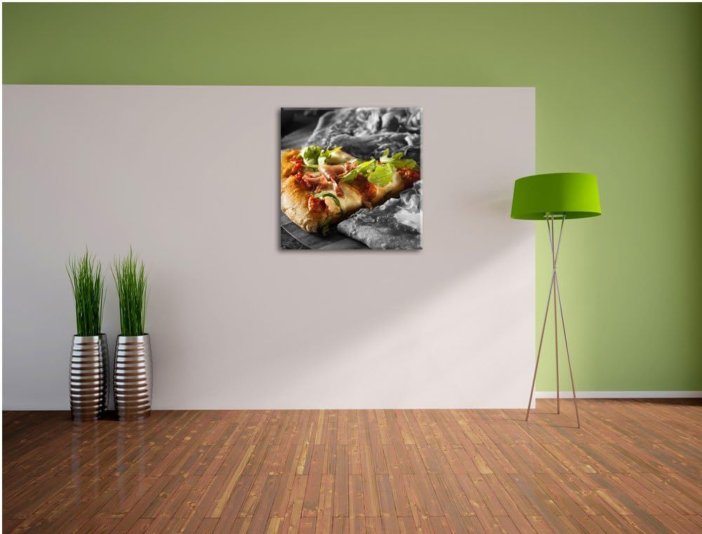 leckere Pizza mit Bacon und Rucola schwarz/weiss, Format: 70x70 auf Leinwand, 70x70
