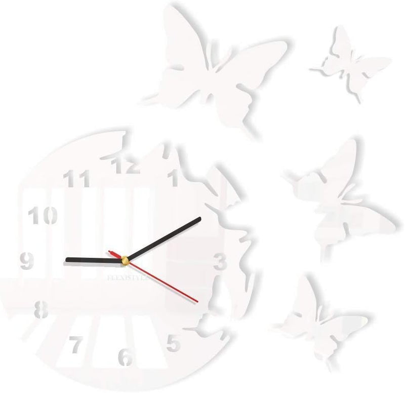 Grosse moderne Wanduhr Schmetterling Weiss rund 30cm, 3d DIY, Wohnzimmer, Schlafzimmer, Kinderzimmer