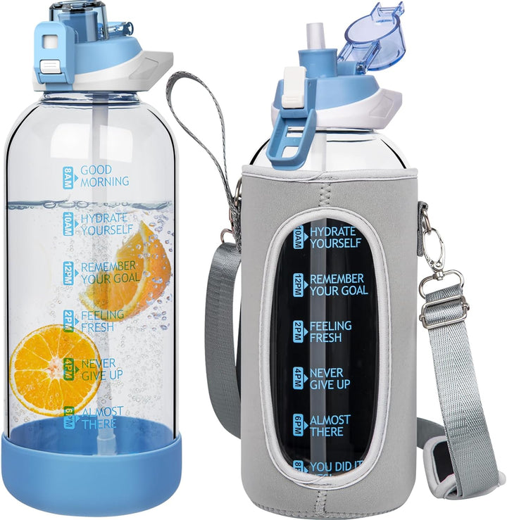 Seekua 2l Sport Trinkflasche Glas Flasche mit Strohhalm & Zeitmarkierung auslaufsicher bpa frei 2 li