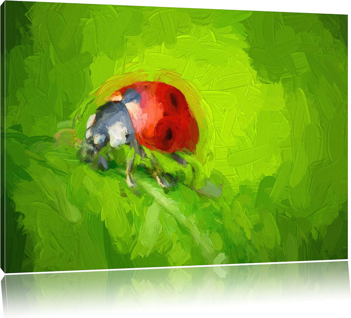 Pixxprint Kleiner Marienkäfer auf Blatt als Leinwandbild/Grösse: 100x70 / Wandbild/Kunstdruck/fertig
