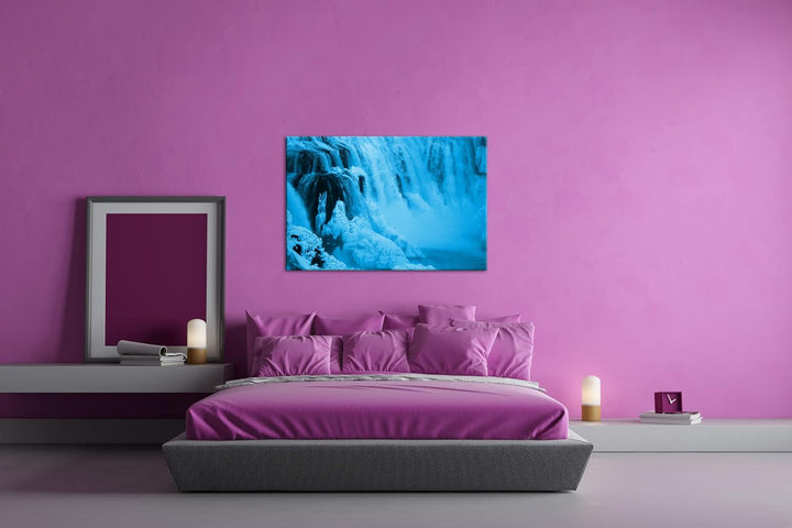 atemberaubender Wasserfall in der Natur Format 100x70 Effekt: Monocrome Blau als Leinwandbild, Motiv
