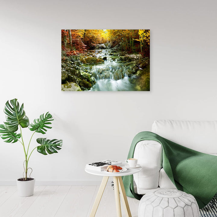 Febby Vlies Leinwandbild XXL Waldbach Kaskade 80x60 cm Wandbild Kunst Bilder Schlafzimmer Deko Wohnz
