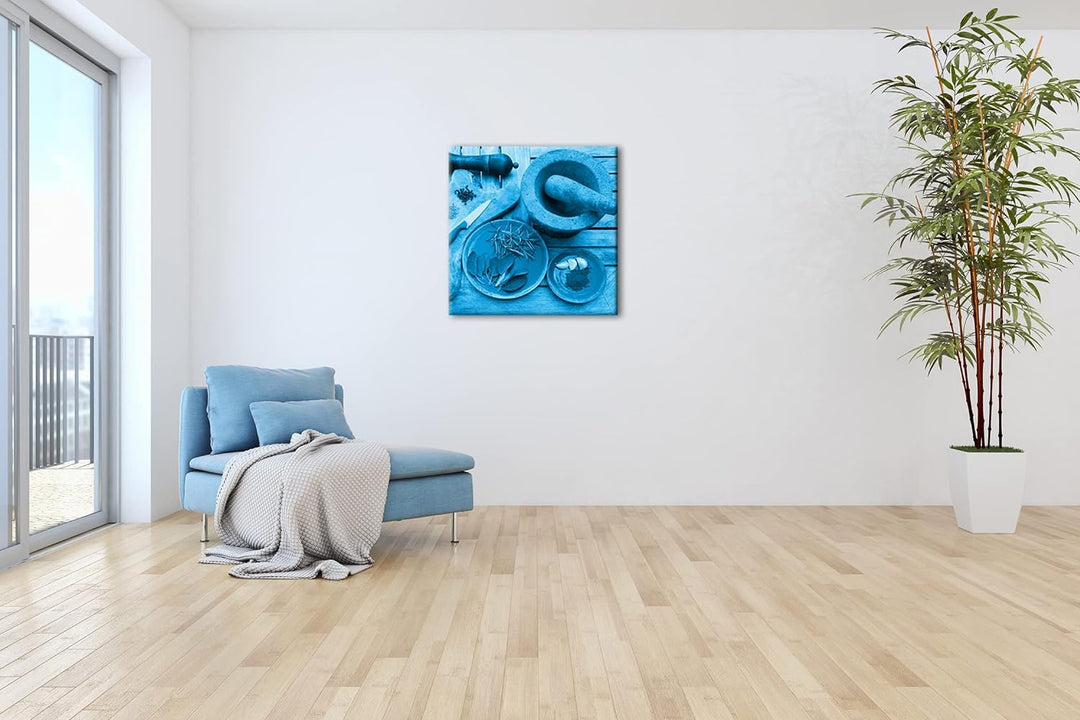 deyoli Gewürze mit einem Mörser Format: 60x60 Effekt: Monocrome Blau als Leinwandbild, Motiv fertig