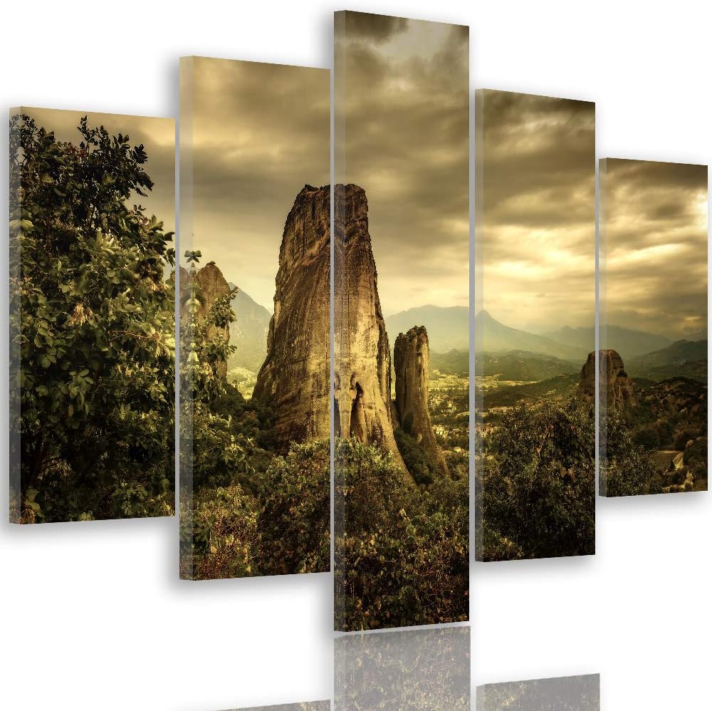 Feeby Wanddeko XXL Landschaft Leinwandbild 5 Teilig Berge Bäume Himmel bunt 100x70 cm Leinwandbild 1