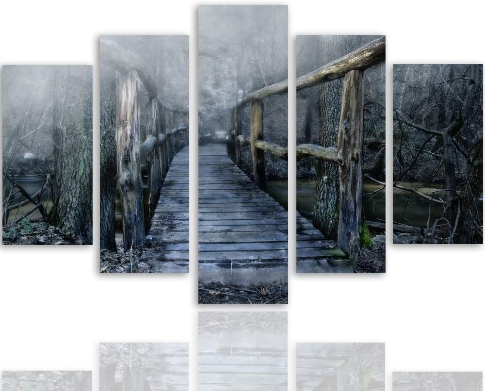 Feeby Wanddeko XXL Abstrakt Leinwandbild 5 Teilig Landschaft Brücke grau 100x70 cm Leinwandbild 100x