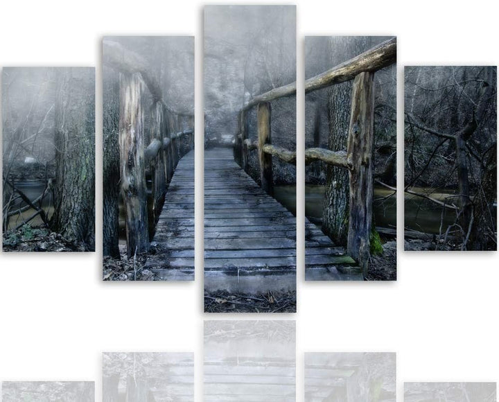 Feeby Wanddeko XXL Abstrakt Leinwandbild 5 Teilig Landschaft Brücke grau 100x70 cm Leinwandbild 100x
