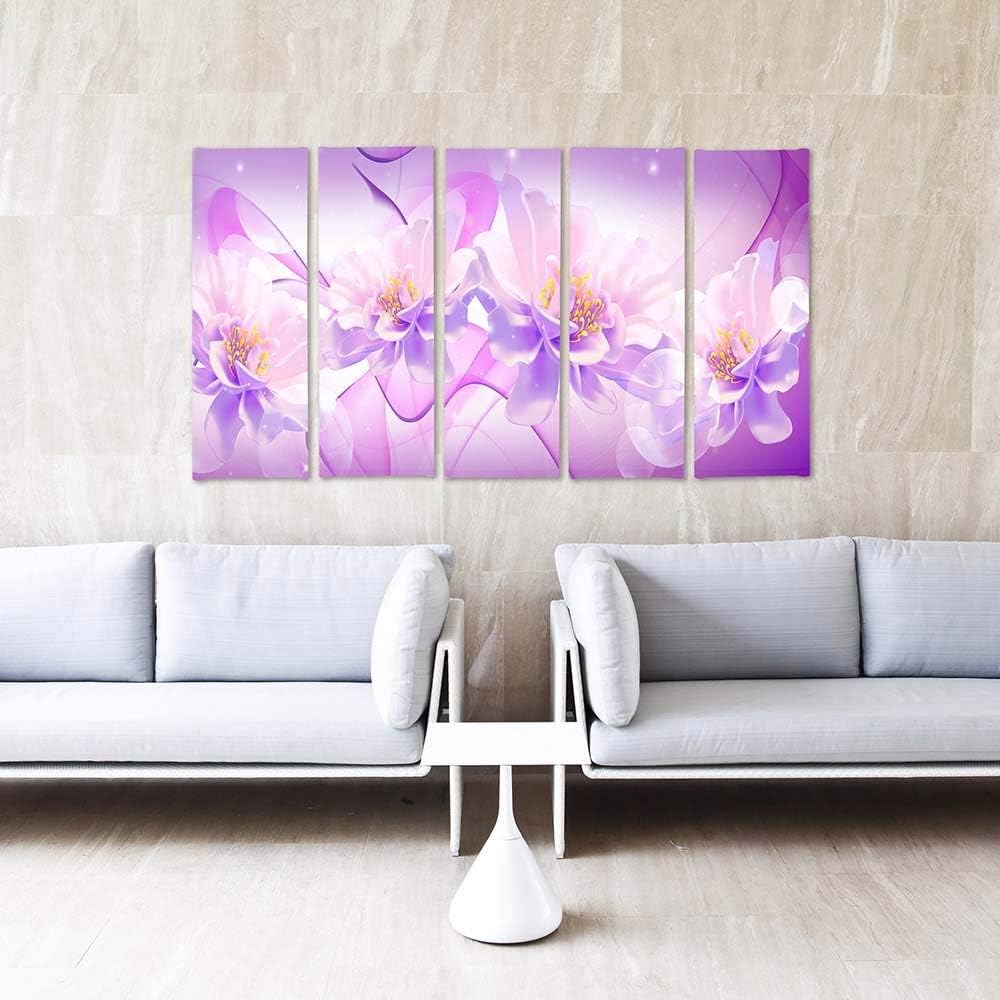 Feeby Frames, Leinwandbild Bilder Wand Bild - 5 Teile - Wandbilder Kunstdruck (Blumen, LICHT LILA RO