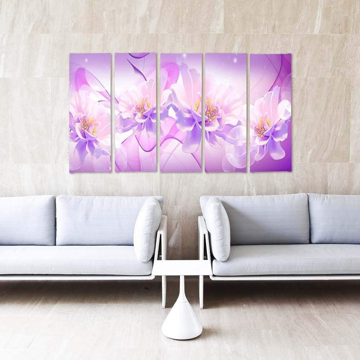 Feeby Frames, Leinwandbild Bilder Wand Bild - 5 Teile - Wandbilder Kunstdruck (Blumen, LICHT LILA RO