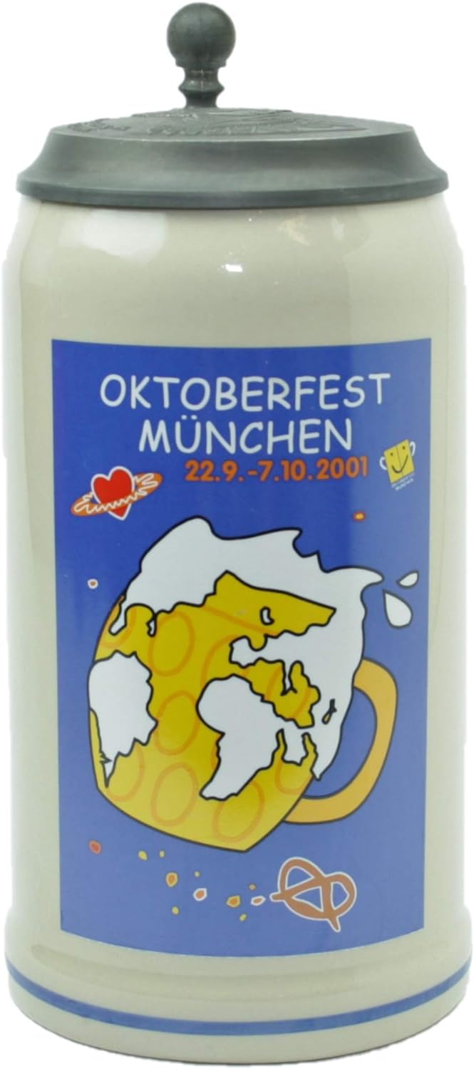 Steinfixx® - Original Oktoberfestkrug 2001 mit Zinndeckel und Zertifikat I Jahrgangskrug I Jahreskru