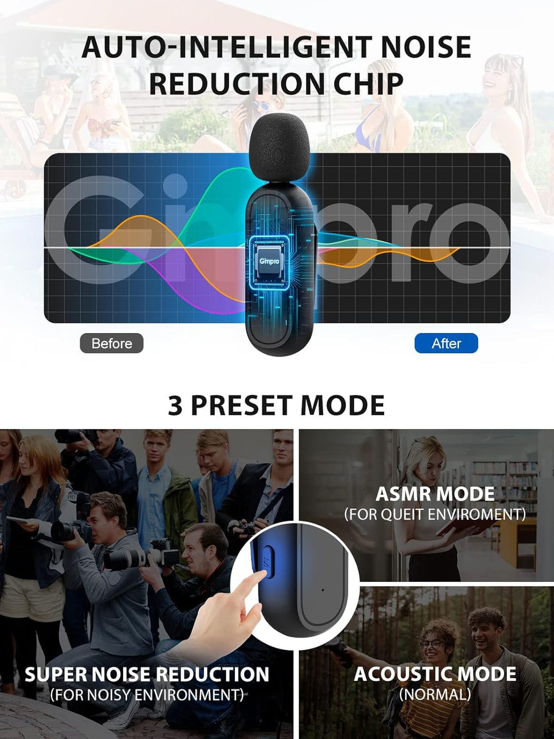Handy Mikrofon Mini,Gimpro MC1(A) 2.4GHz【Lightning】PLUG&PLAY Ansteckmikrofon mit Ladekoffer 3 Mode D