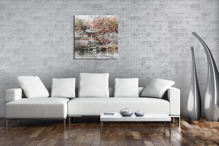 traditionell japanischer Garten Format: 70x70 als Leinwandbild, Motiv fertig gerahmt auf Echtholzrah