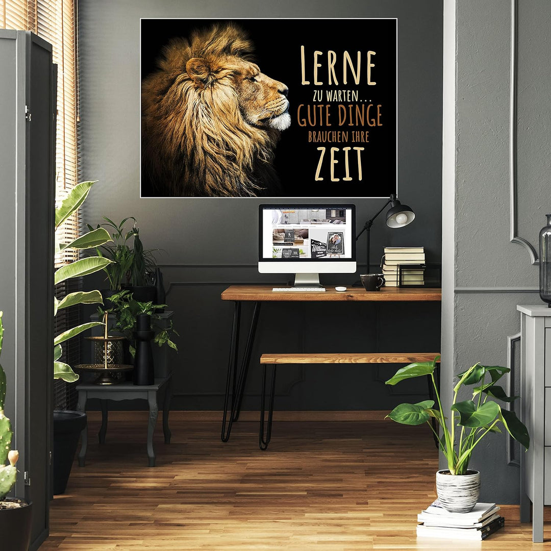 wandmotiv24 Poster als Wanddeko, Grösse 100x70cm, lerne zu warten, Zeit, Löwe, Moderne Wanddeko, Wan