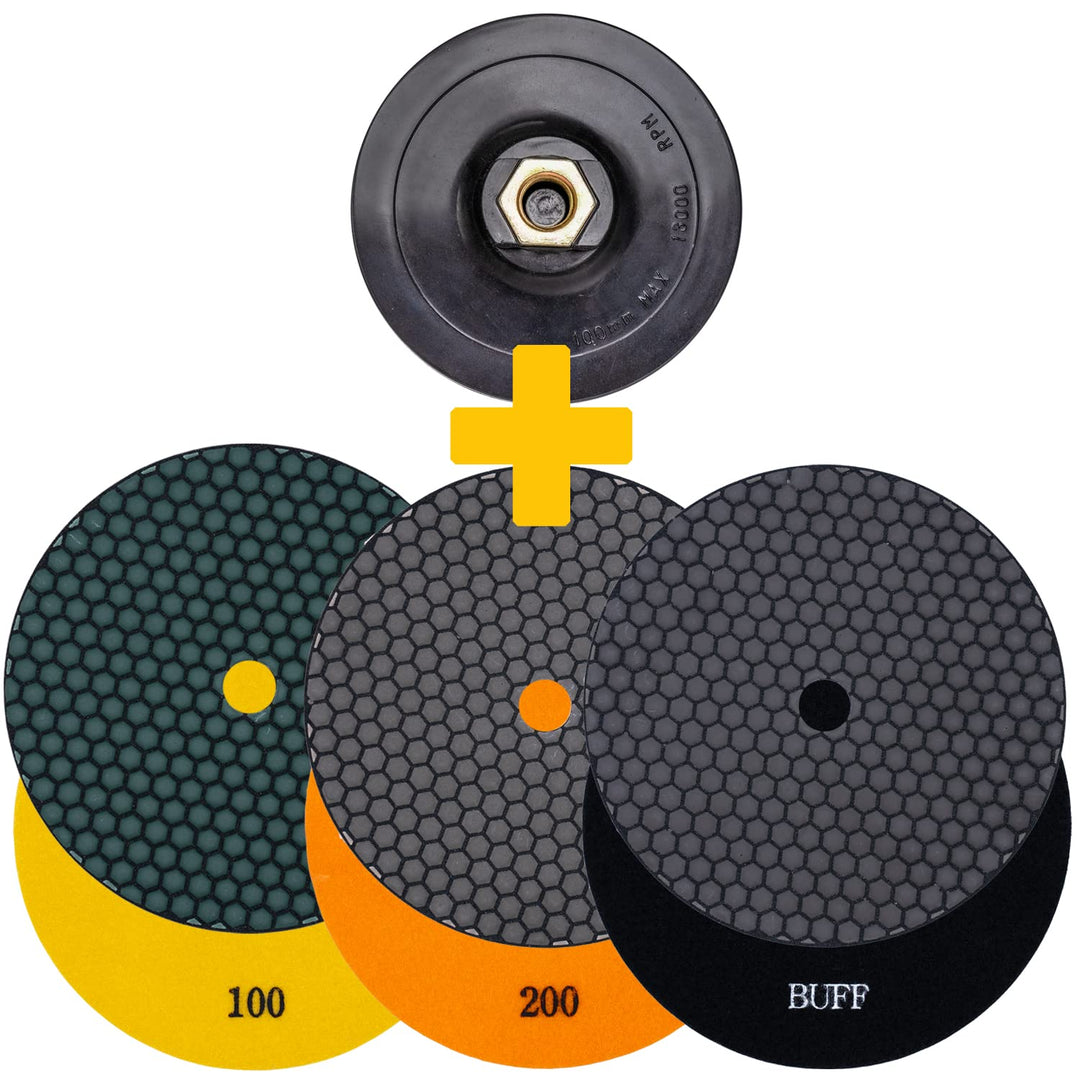 Profi Diamant-Schleifpads-Set für Trockenschliff von EDW, Ø 125 mm, Körnung 100 + 200 + Polierer, Kl