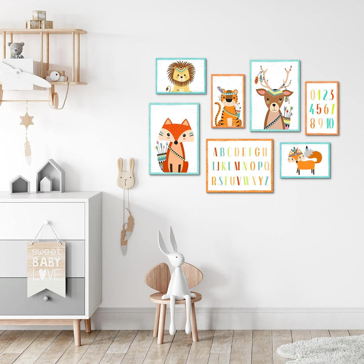 Novart Wandbilder Tiere - KOMPLETT AUFHÄNGFERTIG - Indianer Kinderzimmer Mädchen Junge- 7 Moderne Mo