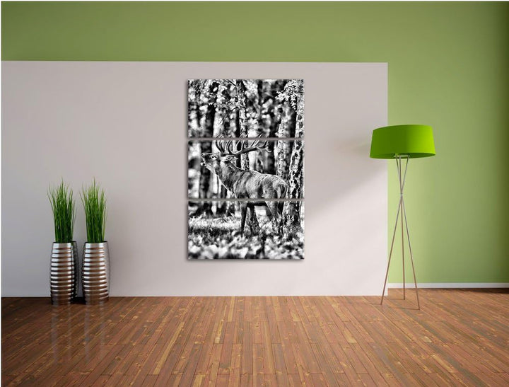Pixxprint Hirsch im Wald als Leinwandbild | Grösse: 3 Teilig (120x80) | Wandbild| Kunstdruck | ferti