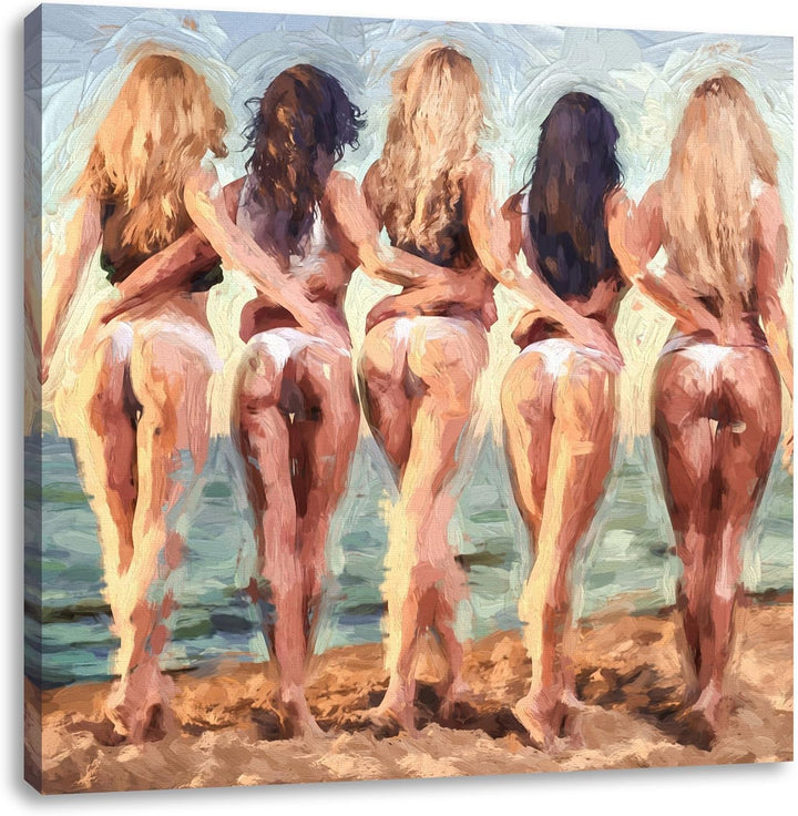 Pixxprint Fünf sexy Frauen am Strand Pinsel Effekt, Format: 70x70 auf Leinwand, 70x70