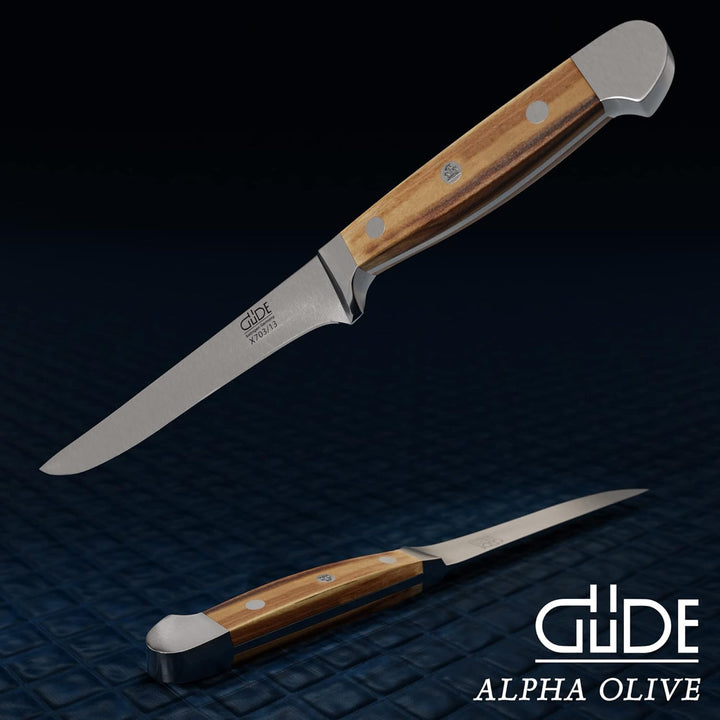 GÜDE Solingen - Ausbeinmesser flexibel geschmiedet, 13 cm, Olivenholz, ALPHA OLIVE, Doppelkropf, Han