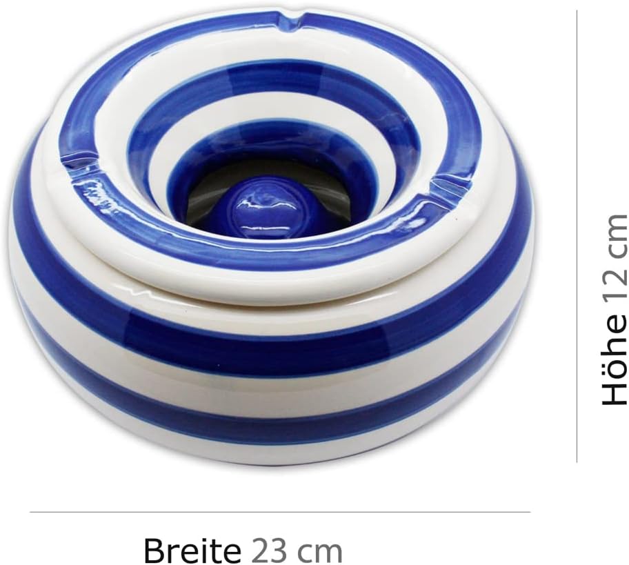 Sturmaschenbecher Ø 23 cm Windaschenbecher Keramik XXL Aschenbecher (Blaue Streifen Gross)