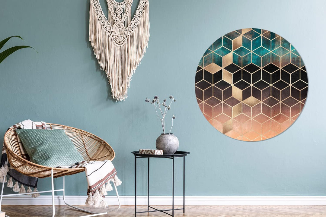 Wandbild Rund Wanddeko Deko Wohnzimmer Bilder 90x90 cm Abstrakt - Würfel - Gold - Muster - Luxus, 90