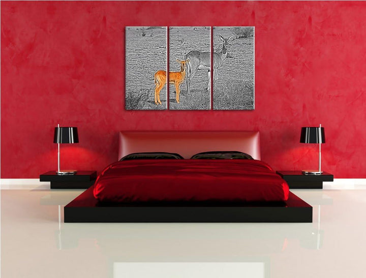 prächtige Indische Gazelle mit süssem Jungtier schwarz/weiss Spezial 3-Teiler Leinwandbild 120x80 Bi
