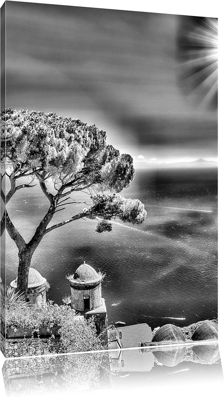 Pixxprint Baum am Azurblauen Meer / 100x70cm Leinwandbild bespannt auf Holzrahmen/Wandbild Kunstdruc