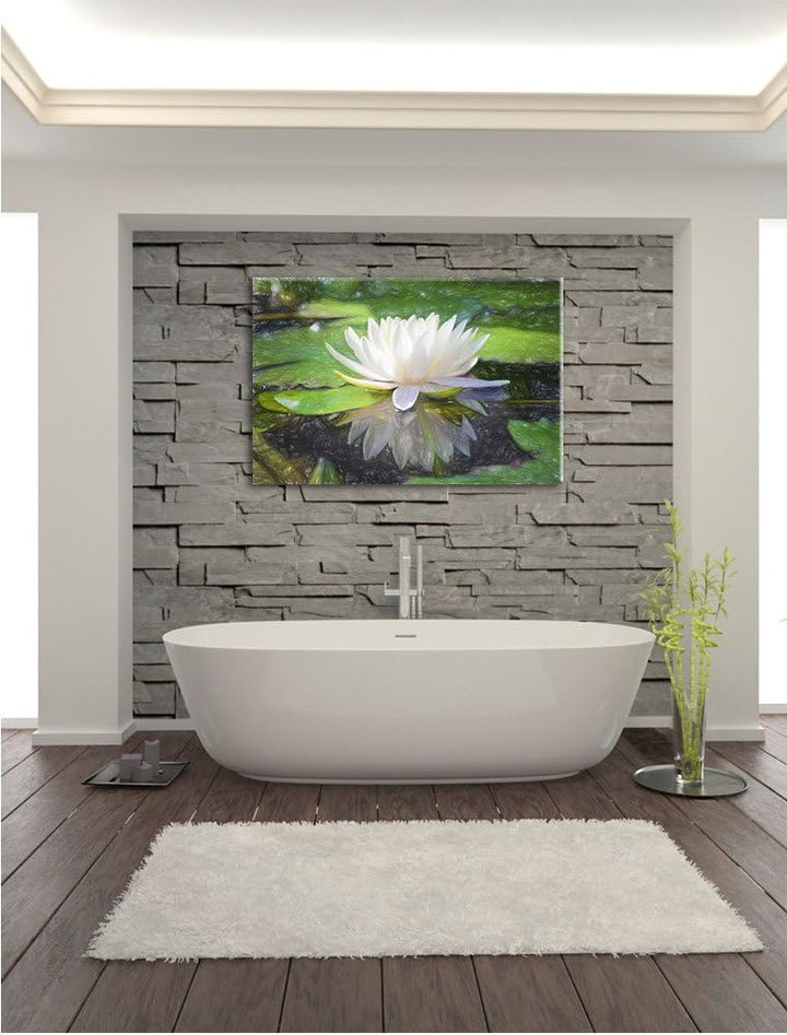 Pixxprint Weisse Lotusblume im Wasser / 100x70cm Leinwandbild bespannt auf Holzrahmen/Wandbild Kunst