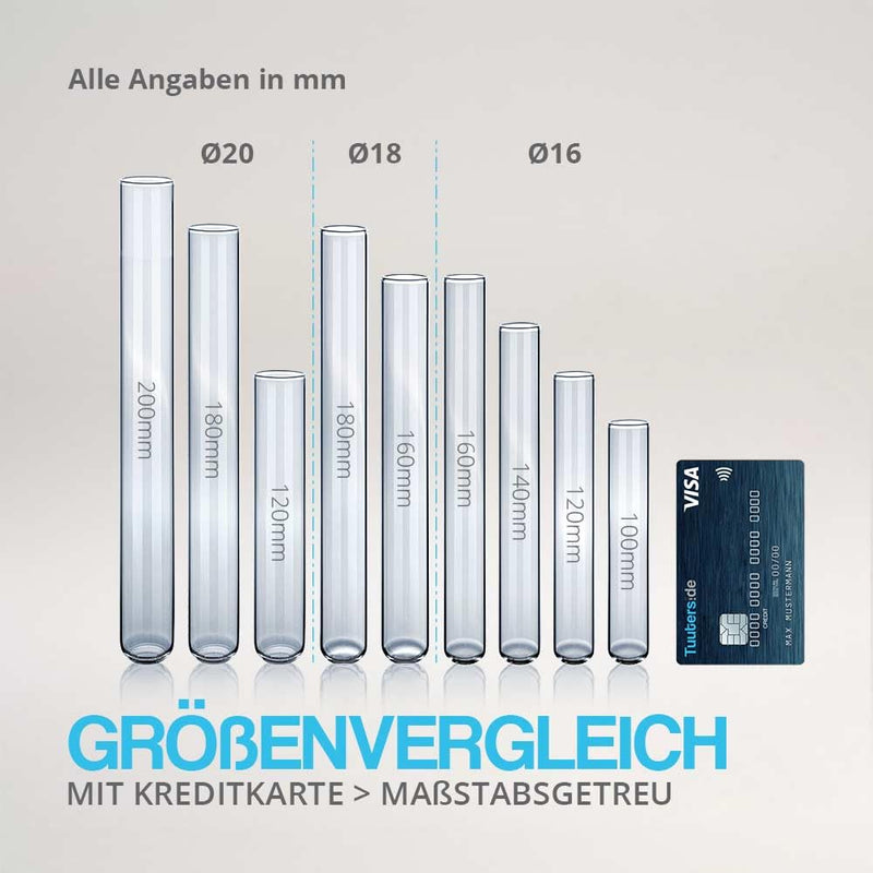 Tuuters 100 Stück Reagenzgläser aus Glas mit Verschluss (160 x Ø 16mm) Glasröhrchen mit Deckel für L